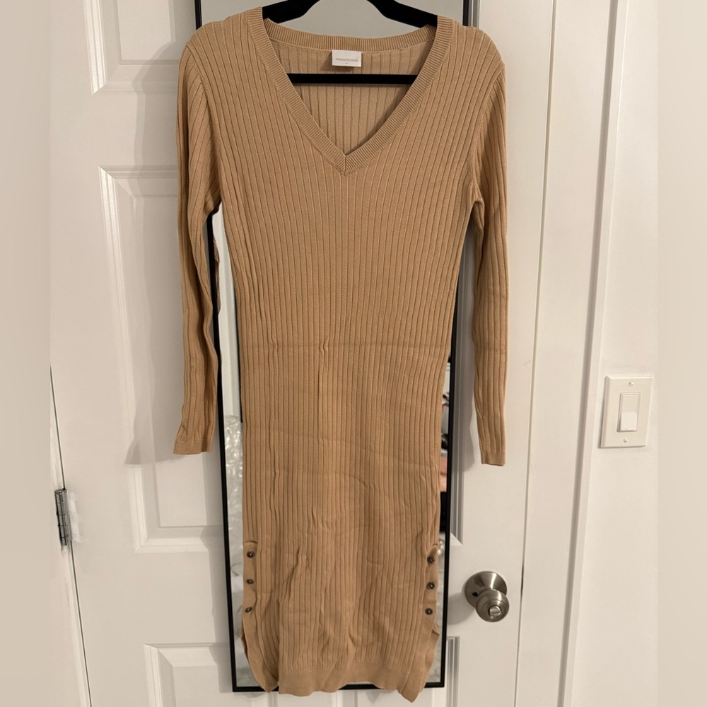 Mama Licious Tan Maternity Ribbed Buttoned Long Sleeve Dress